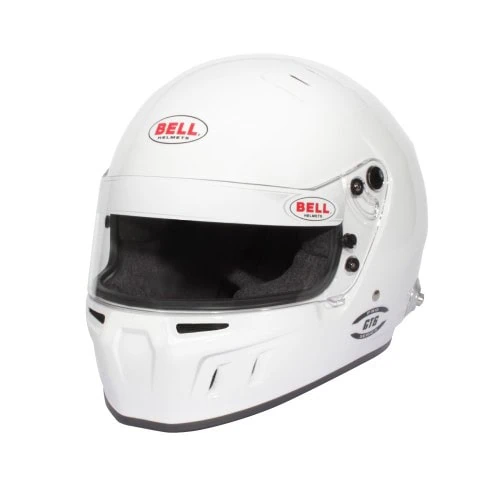 Bell racing helmet in white with black visor, designed for motorsport safety and performance.
