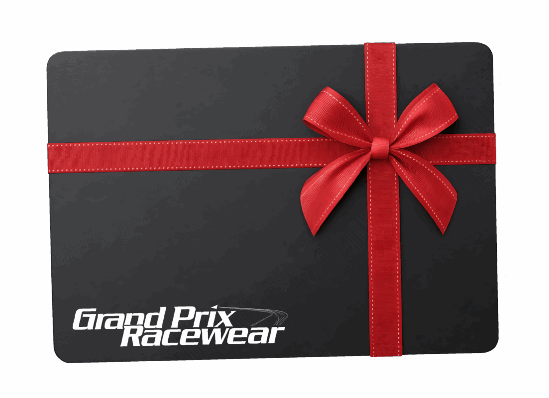 Grand Prix Racewear gift box with red ribbon and bow, featuring logo for motorsport apparel and accessories.