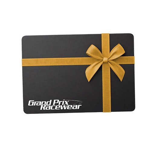 Grand Prix Racewear gift card with black background and gold ribbon, ideal for motorsport enthusiasts.