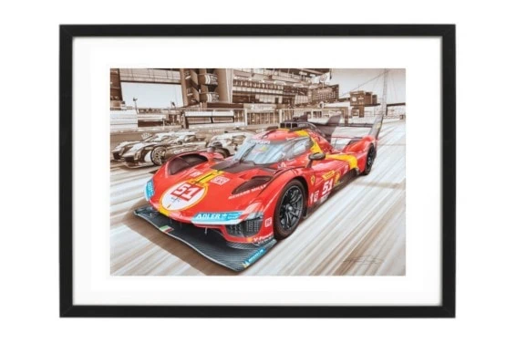 Pixelated image of a red race car in a workshop or showroom setting, with shelves and tools in the background.