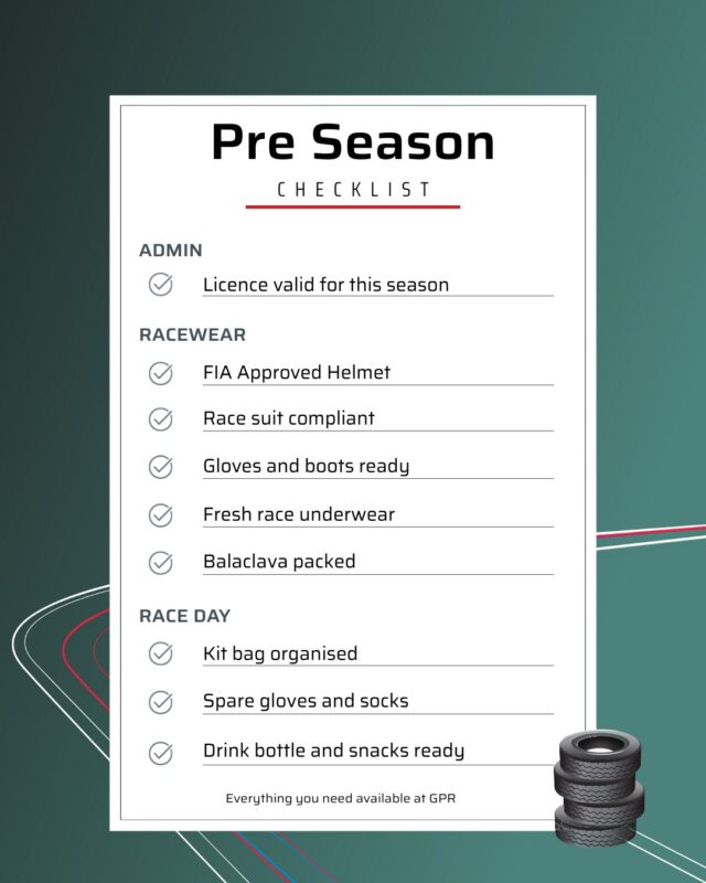 Pre season checklist for racing gear including helmet, race suit, gloves, and snacks, with a stack of tires at the bottom.