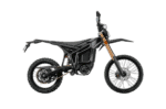 Electric off-road motorcycle with black frame and gold front forks, suitable for motocross and trail riding.