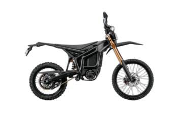 Electric off-road motorcycle with black frame and gold front forks, suitable for motocross and trail riding.