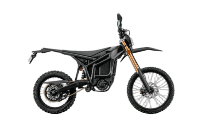 Electric off-road motorcycle with black frame and gold front forks, suitable for motocross and trail riding.