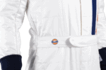 Close-up of a white Grand Prix racing suit with Gulf logo and blue accents, designed for professional motorsport drivers.