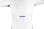 Close-up of a white racing suit with Sparco logo, designed for motorsport safety and performance.