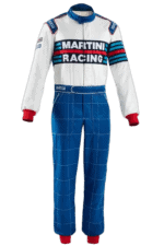 Grand Prix racing suit with Martini Racing branding, blue checkered racing pants, and red accents, designed for professional motorsport drivers.
