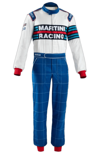 Grand Prix racing suit with Martini Racing branding, blue checkered racing pants, and red accents, designed for professional motorsport drivers.
