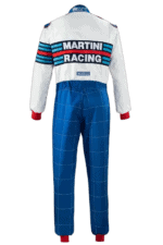 Grand Prix racing suit featuring Martini Racing branding with blue, white, and red stripes, designed for motorsport drivers.