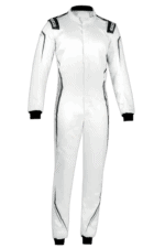 White Grand Prix racing suit with black accents, designed for professional motorsport drivers, featuring high-quality materials and safety features.