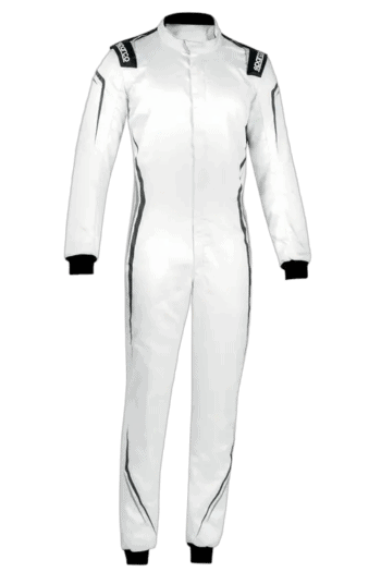White Grand Prix racing suit with black accents, designed for professional motorsport drivers, featuring high-quality materials and safety features.
