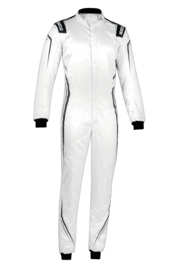 White Grand Prix racing suit with black accents, designed for professional motorsport drivers, featuring protective padding and aerodynamic fit.