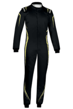 Black Grand Prix racing suit with yellow accents, designed for motorsport safety and performance.