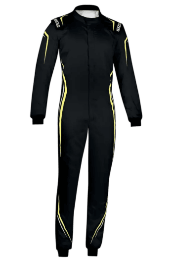 Black Grand Prix racing suit with yellow accents, designed for motorsport safety and performance.