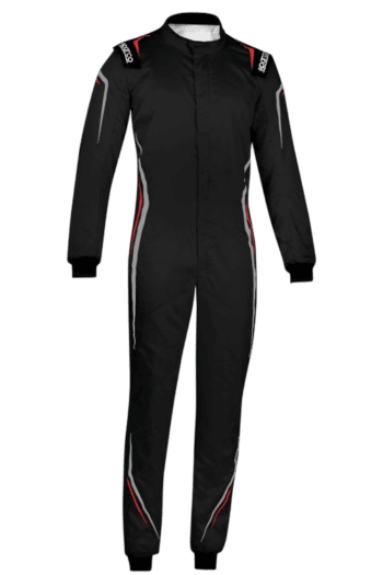 Black Grand Prix racing suit with red and white accents, designed for motorsport safety and performance.