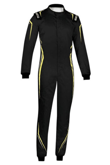 Black racing suit with yellow accents from Grand Prix Racewear, designed for motorsport drivers.