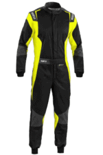 Grand Prix Racewear racing suit in black and neon yellow, designed for motorsport safety and performance.