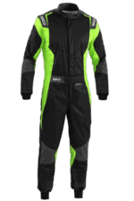 Grand Prix Racewear racing suit in black and neon green, designed for motorsport safety and performance.