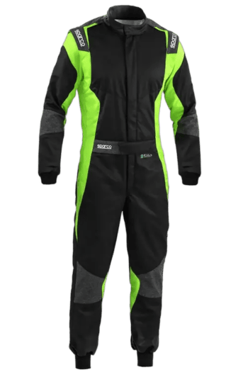 Grand Prix Racewear racing suit in black and neon green, designed for motorsport safety and performance.
