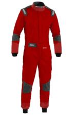 Red Grand Prix racing suit with black and grey accents, designed for motorsport safety and performance.