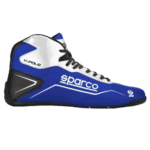 Sparco racing shoe in blue, white, and black with K-Pole branding, designed for motorsport safety and performance.