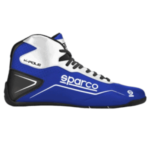 Sparco racing shoe in blue, white, and black with K-Pole branding, designed for motorsport safety and performance.