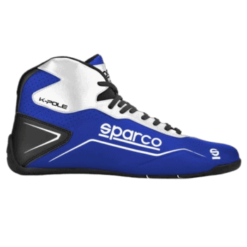 Sparco racing shoe in blue, white, and black with K-Pole branding, designed for motorsport safety and performance.