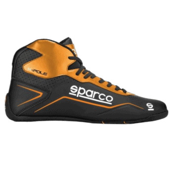 Sparco racing shoe in black and orange with high ankle support, designed for motorsport safety and performance.