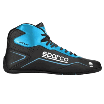 Sparco racing shoe in black and blue with high ankle support, designed for motorsport safety and performance.