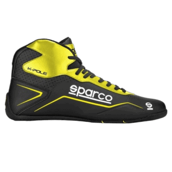 Sparco K-Pole racing shoe in black and yellow with racing branding for motorsport enthusiasts.