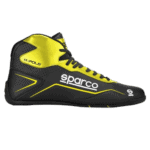 Sparco K-Pole racing shoe in black and yellow, designed for motorsport performance and safety.