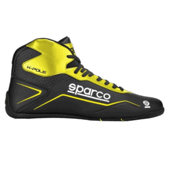 Sparco K-Pole racing shoe in black and yellow, designed for motorsport performance and safety.