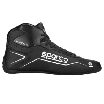 Black Sparco racing shoe with white branding and sleek design, ideal for motorsport enthusiasts and professional drivers.