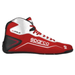 Red and white Sparco racing shoe designed for motorsport safety and performance, featuring high ankle support and lightweight construction.