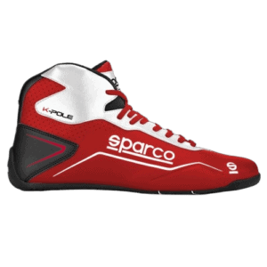 Red and white Sparco racing shoe designed for motorsport safety and performance, featuring high ankle support and lightweight construction.