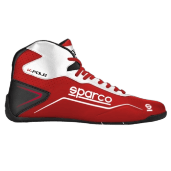 Red and white Sparco racing shoe designed for motorsport safety and performance, featuring high ankle support and lightweight construction.