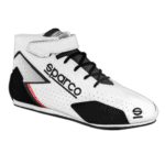 Sparco racing shoe in white with black and red accents, designed for motorsport safety and performance.
