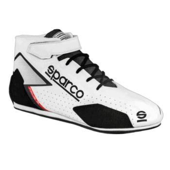Sparco racing shoe in white with black and red accents, designed for motorsport safety and performance.