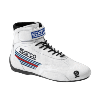 White racing shoe with black laces and blue, red, and black stripes, branded Sparco, designed for motorsport drivers.