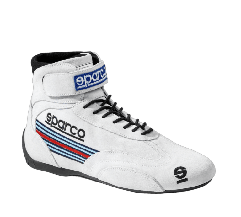 White racing shoe with black laces and blue, red, and black stripes, branded Sparco, designed for motorsport drivers.