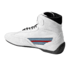 White racing shoe with black and red striped design, high-top style, suitable for motorsport racing, from Grand Prix Racewear.