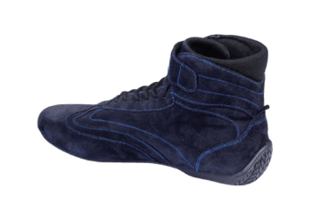 Close-up of a blue racing shoe from Grand Prix Racewear, designed for motorsport enthusiasts and professional drivers.