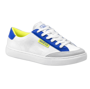 White racing sneaker with blue and yellow accents, featuring Sparco branding, designed for motorsport enthusiasts and racewear.