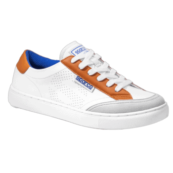 White and orange Sparco racing sneakers with blue interior, designed for motorsport enthusiasts and drivers.