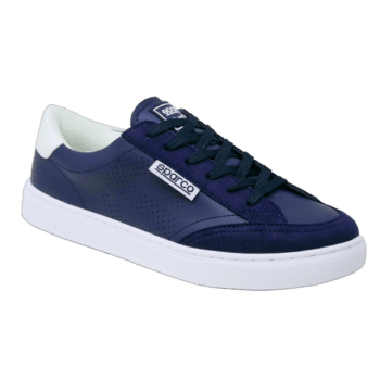 Blue Sparco racing shoes with white sole and black laces, designed for motorsport enthusiasts and racers.