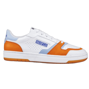 Sparco racing shoe with white, orange, and light blue design, ideal for motorsport enthusiasts and racewear fans.