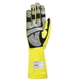 High-visibility yellow racing glove with black and grey grip details, designed for motorsport safety and performance.