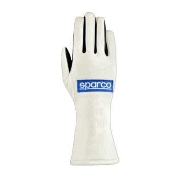 White Sparco racing glove with blue logo on black background, designed for motorsport safety and performance.