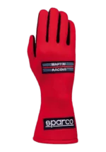 Red Sparco racing glove with Martini Racing logo, designed for motorsport safety and performance.