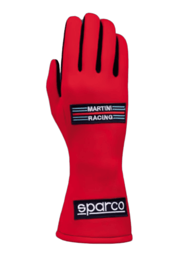 Red Sparco racing glove with Martini Racing logo, designed for motorsport safety and performance.